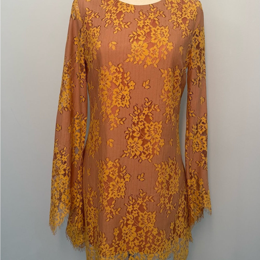 MAJORELLE Mustard Floral Embroidered Dress